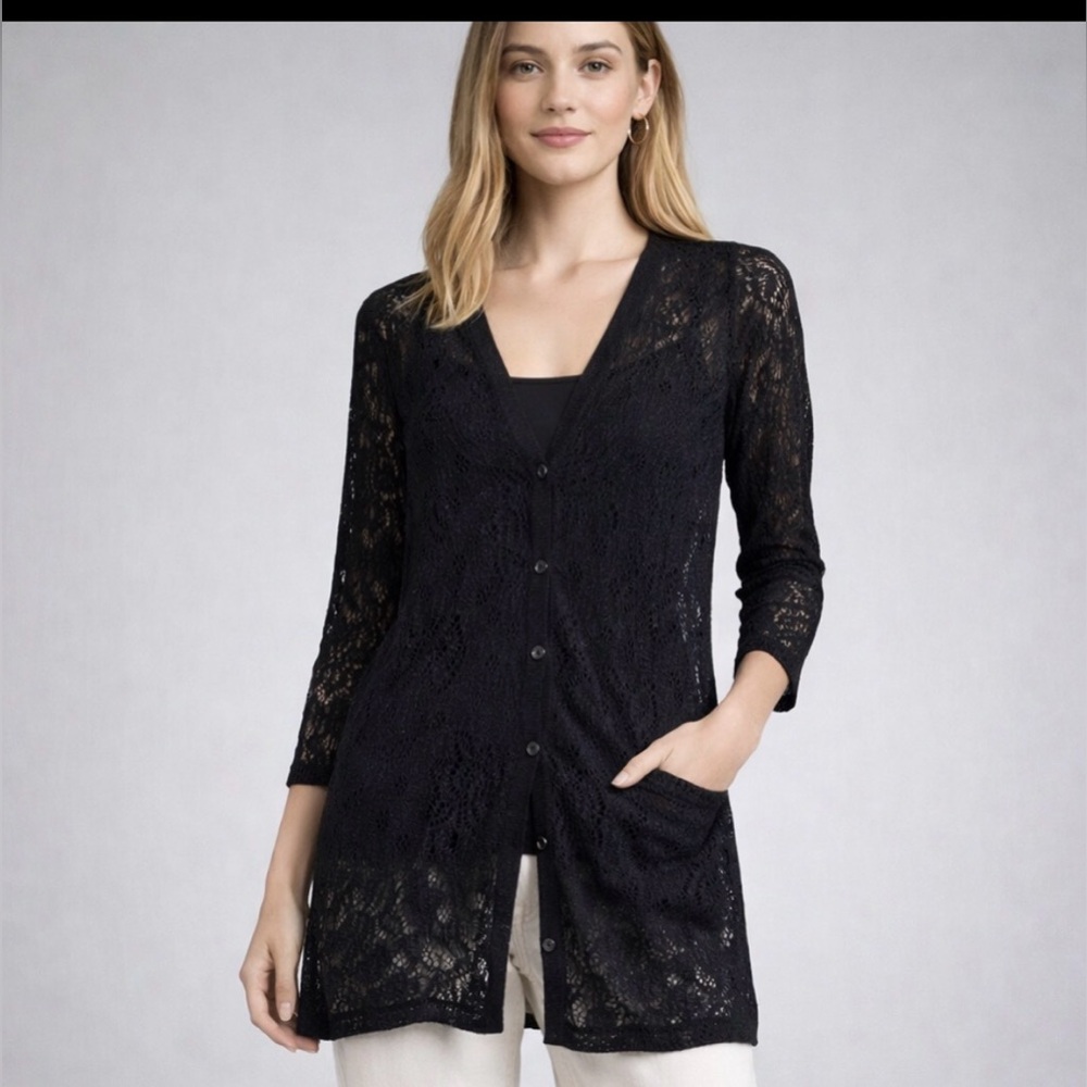 Max & Co Lace Cardigan Black Sheer Knit Button Front Sweater MaxMara Size M